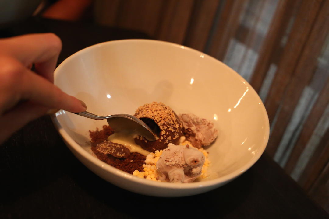 Gastro Park, Potts Point, degustation, course 10 chocolate, honeycomb and vanilla sphere, with cardamom, saffron and ginger