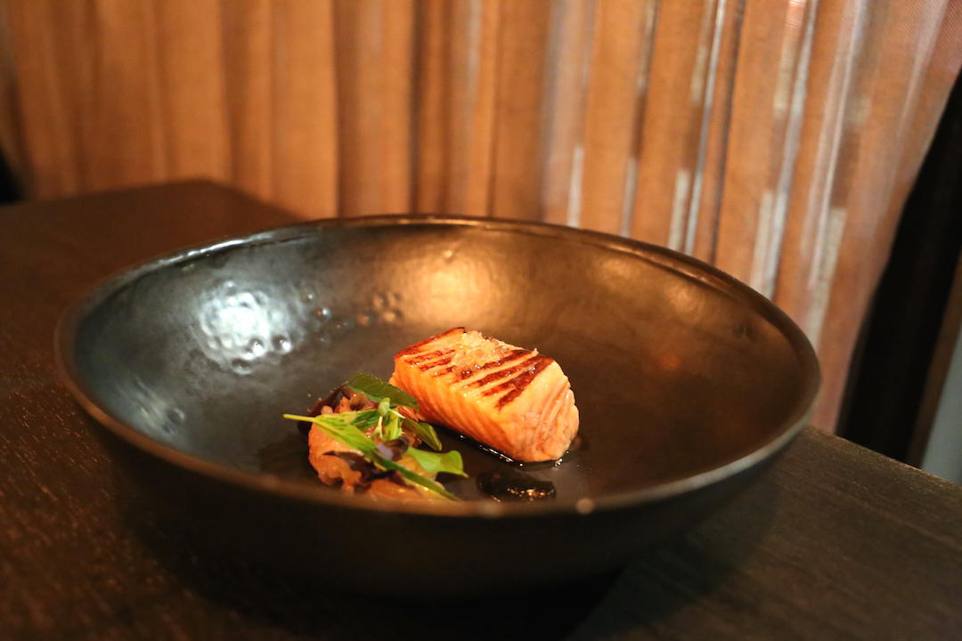 Gastro Park, Potts Point, degustation, course 5 Seared salmon, with pomelo, finger lime and basil