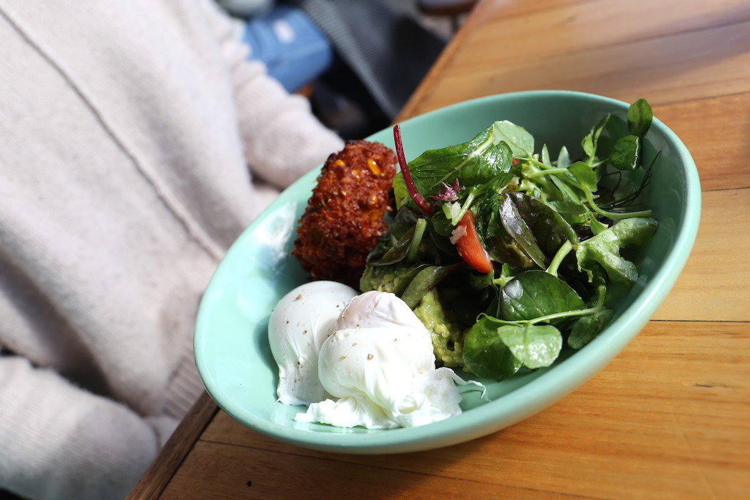 Corn fritters and smashed avocado, brunch, Three Blue Ducks, Bronte, Sydney