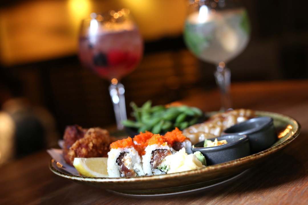 Sake tasting platter with gin bowl cocktails, The Rocks, Sydney